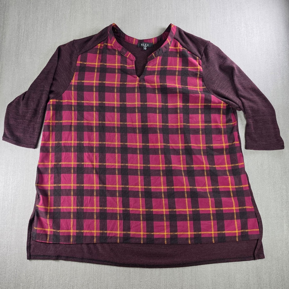 B.L.E.U. Plaid Mixed Media Top Womens 2X Berry Purple 3/4 Sleeve V-Neck Blouse